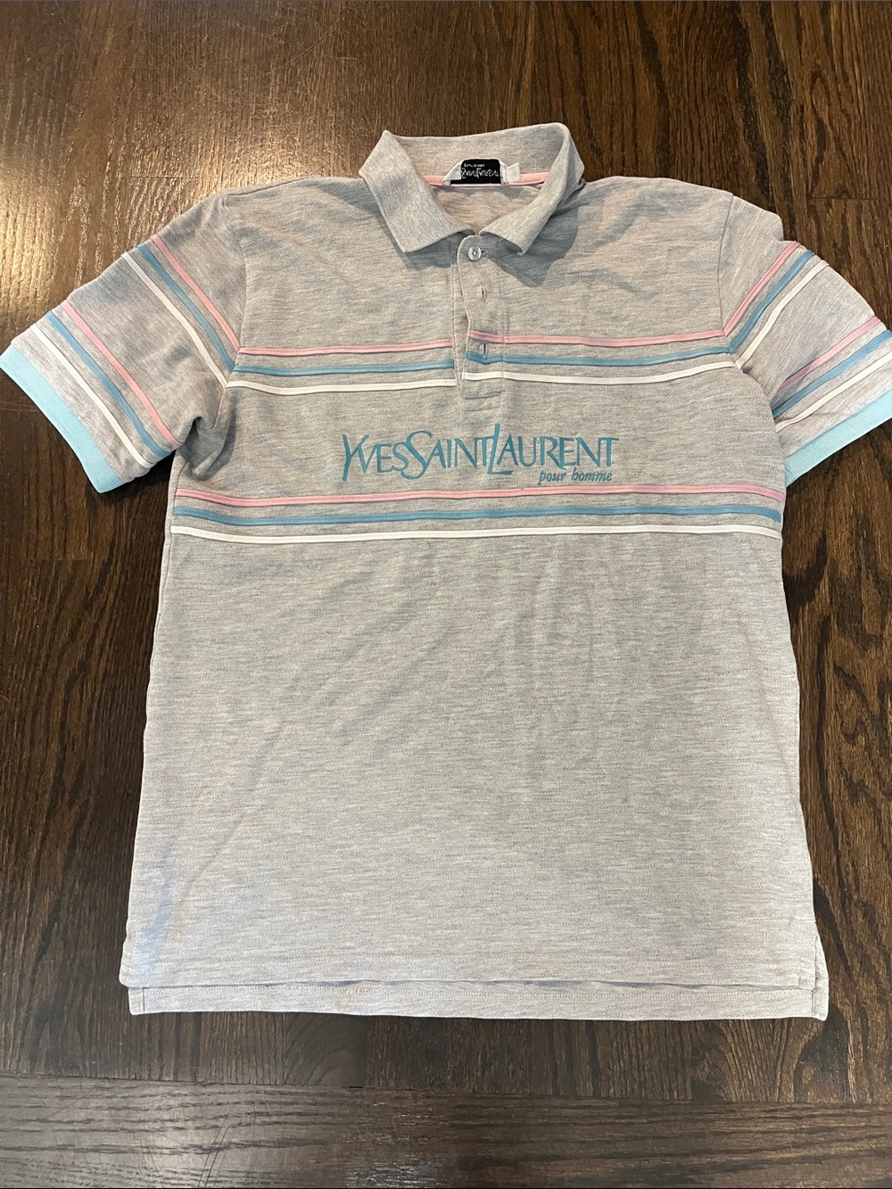 Yves Saint Laurent Gray Polo with Blue and Pink Stripes absolutely cute as heck!